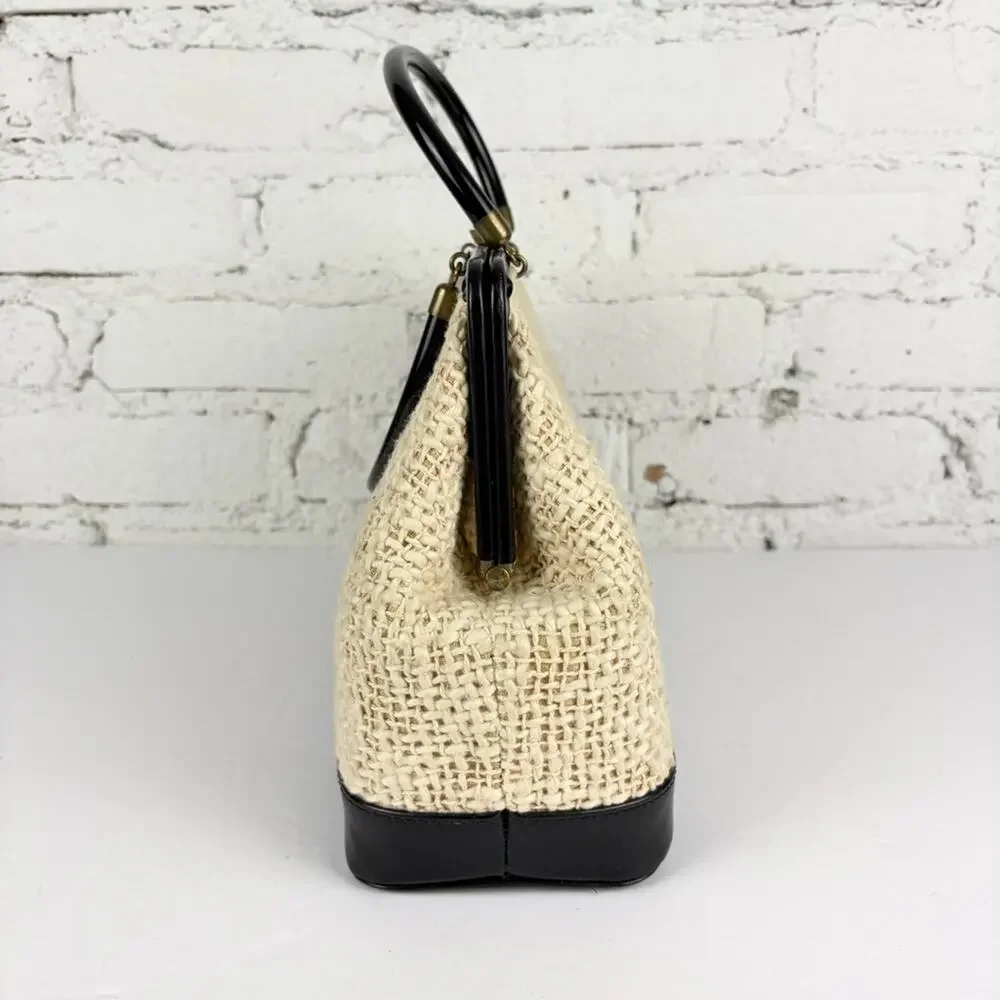 VTG Cream Tweed Black Top Handle Feld Zipper Kisslock Satchel Purse Bag